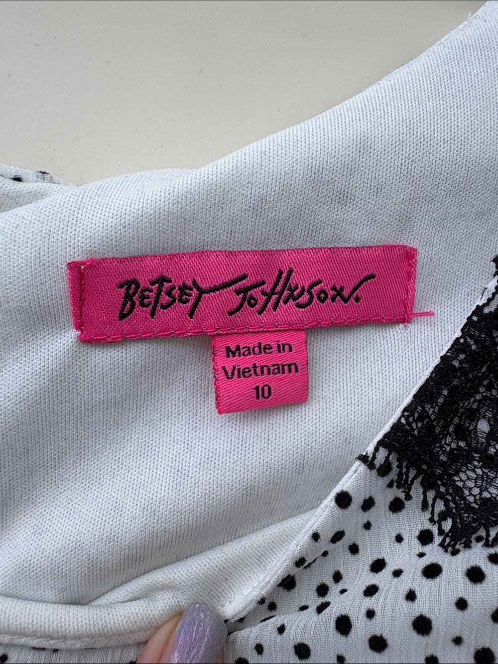Betsey Johnson White Polka Dot Midi Dress with Black Lace - Picture 3 of 5